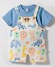 WOW Clothes Sinker Knit Half Sleeves T-Shirt & Animal Printed Dungaree Style Romper - Blue