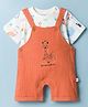 WOW Clothes Sinker Knit Half Sleeves T-Shirt & Dungaree Set with Giraffe Print & Embroidery - Rust Orange