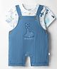 WOW Clothes Sinker Knit Half Sleeves T-Shirt & Dungaree Set with Giraffe Print & Embroidery - Blue
