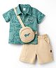 WOW Clothes Cotton Woven Half Sleeves Shirt & Shorts Set With Sling Bag & Dino Print - Green