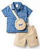 WOW Clothes Cotton Woven Half Sleeves Shirt & Shorts Set With Sling Bag & Dino Print - Blue