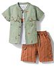 WOW Clothes Cotton Woven Half Sleeves Animal Printed Shirt & Shorts With Inner Tee - Green
