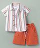 WOW Clothes Cotton Woven Half Sleeves Striped Shirt & Shorts Set With T-Shirt & Dino Print - Rust Orange & White