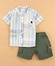 WOW Clothes 100% Cotton Woven Half Sleeves Text Embroidered Checked Shirt With Inner Tee & Cargo Shorts Set - Green