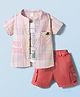 WOW Clothes 100% Cotton Woven Half Sleeves Text Embroidered Checked Shirt With Attached Inner Tee & Cargo Shorts Set - Red