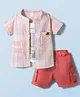 WOW Clothes 100% Cotton Woven Half Sleeves Text Embroidered Checked Shirt With Attached Inner Tee & Cargo Shorts Set - Red