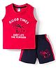 Tango Single Jersey Knit Sleeveless Penguin & Text Printed T-Shirt & Shorts Set - Red