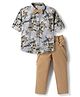 Rikidoos Cotton Woven Full Sleeves Tropical Theme Printed Party Shirt & Trouser Set with Bow & Suspender - Light Blue & Tan