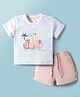 ToffyHouse Interlock Knit Half Sleeves Striped T-Shirt with Animal Embroidery & Shorts Set - Light Blue