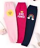 Googo Gaaga Cotton Knit Pack Of 3 Sun Rainbow & Girl Power Text Printed Joggers - Navy Light & Dark Pink
