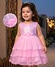 Babyhug Mesh Woven Sleeveless Embellished Sequins on Yoke Party Dress with Lace Detailing & Floral Corsage - Light  Pink