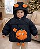 Little Surprise Box Knit Full Sleeves Pumpkin Designed Hooded Puffer Jacket - Black
