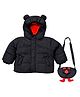 Little Surprise Box Knit Full Sleeves Solid Light Winter Hooded Puffer Jacket With Sling Bag - Black