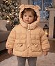 Little Surprise Box Knit Full Sleeves Bear Applique Detailed Light Winter Puffer Hooded Jacket - Peach
