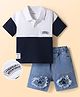 Mark & Mia Cotton Knit Drop Shoulder Half Sleeves Cut & Sew Polo T-Shirt & Denim Shorts Set with Paw Badge Detailing - Multicolor