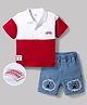 Mark & Mia Cotton Knit Half Sleeves Polo T-Shirt & Denim Shorts With Paw Print & Badge Detailing - Multicolor