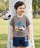 Mark & Mia Cotton Knit Drop Shoulder Half Sleeves T-Shirt & Denim Shorts Set with Bear Print & Applique - Multicolor