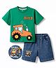Mark & Mia Cotton Knit Drop Shoulder Half Sleeves T-Shirt & Denim Shorts Set with Tractor Print & Applique - Multicolor