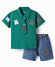 Mark & Mia Cotton Knit Half Sleeves T-Shirt & Denim Shorts With Bear Print & Tie Applique - Multicolor