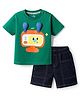 Mark & Mia Cotton Knit Drop Shoulder Half Sleeves T-Shirt & Denim Shorts Set with TV Print & Ear Applique - Multicolor
