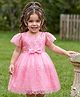 Babyhug Mesh Woven Half Frill Sleeves Floral Embroidered Party Dress with Bow Applique - Light Pink