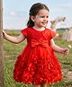 Babyhug Mesh Woven Cap Sleeves Yoke Pleated Party Dress With Floral & Bow Applique - Red