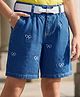 Arias Cotton Woven Washed Shorts with Embroidery & Belt - Blue