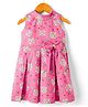 Rassha Cotton Woven Sleeveless Frock With Floral Print & Bow Applique - Pink