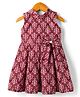 Rassha Cotton Woven Sleeveless Frock With Floral Print & Bow Applique - Maroon