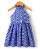 Rassha Cotton Woven Sleeveless Frock With Floral Print & Bow Applique - Blue