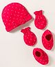 Babyhug 100% Cotton Knit Cap Mittens & Booties with Heart Print & Bow Applique Red - Diameter 15 cm