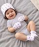 Babyhug 100% Cotton Knit Cap, Mittens & Booties Set with Strawberry & Bow Print White - Diameter 9.5 cm