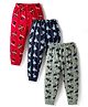 CUCUMBER Knitted Full Length Lounge Pants with Car & Text Print Pack of 3 - Red Navy & Sea Green