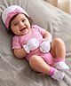 Babyhug 100% Cotton Knit Cap, Mittens & Booties Set with Bow Applique Floral Print White & Pink - Diameter 11 cm