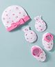 Babyhug 100% Cotton Knit Cap, Mittens & Booties Set with Floral Print White & Pink - Diameter 15.5 cm