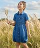 Arias Half Sleeves Cotton Woven Solid Color Denim Dress With Cargo Pockets - Blue