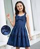 Arias Cotton Woven Sleeveless Denim Dress with Bow Applique & Frill Detailing - Blue