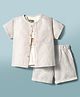 Little Kangaroos Linen Knit Half Sleeves Striped Shirt & Shorts Set with Inner Tee - Off White