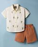 Little Kangaroos Cotton Woven Half Sleeves Shirt & Shorts Set With Tree Embroidery - Cream