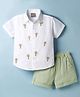 Little Kangaroos Cotton Woven Half Sleeves Shirt & Shorts Set With Tree Embroidery - White