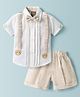 Little Kangaroos Cotton Knit Half Sleeves Shirt & Shorts Set with Bow & Bear Embroidery - White
