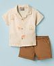 Little Kangaroos Cotton Woven Half Sleeves Shirt & Shorts Set with Camel Embroidery - Beige