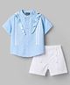Little Kangaroos Cotton Woven Half Sleeves Striped Shirt & Shorts Set With Beach Theme Printed Scarf-Light Blue