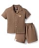 Little Kangaroos Cotton Woven Half Sleeves Shirt & Shorts Set with Teddy Bear Patch - Brown