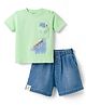 Little Kangaroos Sinker Knit Half Sleeves T-Shirt & Shorts Set With Dino Print & Applique - Mint