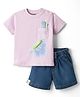 Little Kangaroos Sinker Knit Half Sleeves T-Shirt & Shorts Set With Dino Print - Mauve