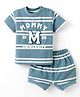 Little Kangaroos Knitted Half Sleeves Striped & Text Printed T-Shirt & Shorts Set - Teal Blue