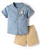 Little Kangaroos Denim Woven Half Sleeves Shirt & Shorts Set With Animal Patch  - Light Blue