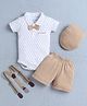 BUMZEE Cotton Knit Half Sleeves Abstract Printed Onesie & Shorts Set With Cap & Suspender - White & Beige