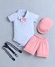 BUMZEE Cotton Knit Half Sleeves Bow Applique Detailed Onesie & Shorts Set With Cap & Suspender - Sky Blue & Pink
